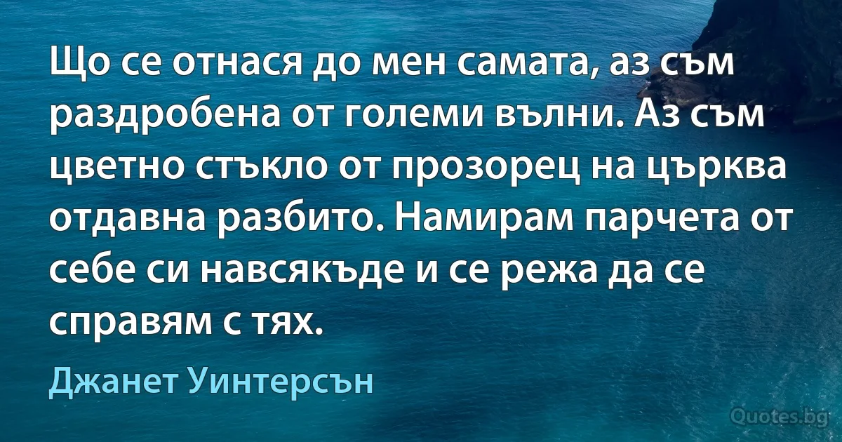 Що се отнася до мен самата, аз съм раздробена от големи вълни. Аз съм цветно стъкло от прозорец на църква отдавна разбито. Намирам парчета от себе си навсякъде и се режа да се справям с тях. (Джанет Уинтерсън)