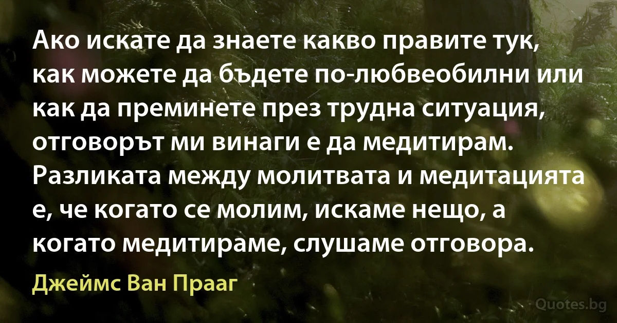 Ако искате да знаете какво правите тук, как можете да бъдете по-любвеобилни или как да преминете през трудна ситуация, отговорът ми винаги е да медитирам. Разликата между молитвата и медитацията е, че когато се молим, искаме нещо, а когато медитираме, слушаме отговора. (Джеймс Ван Прааг)