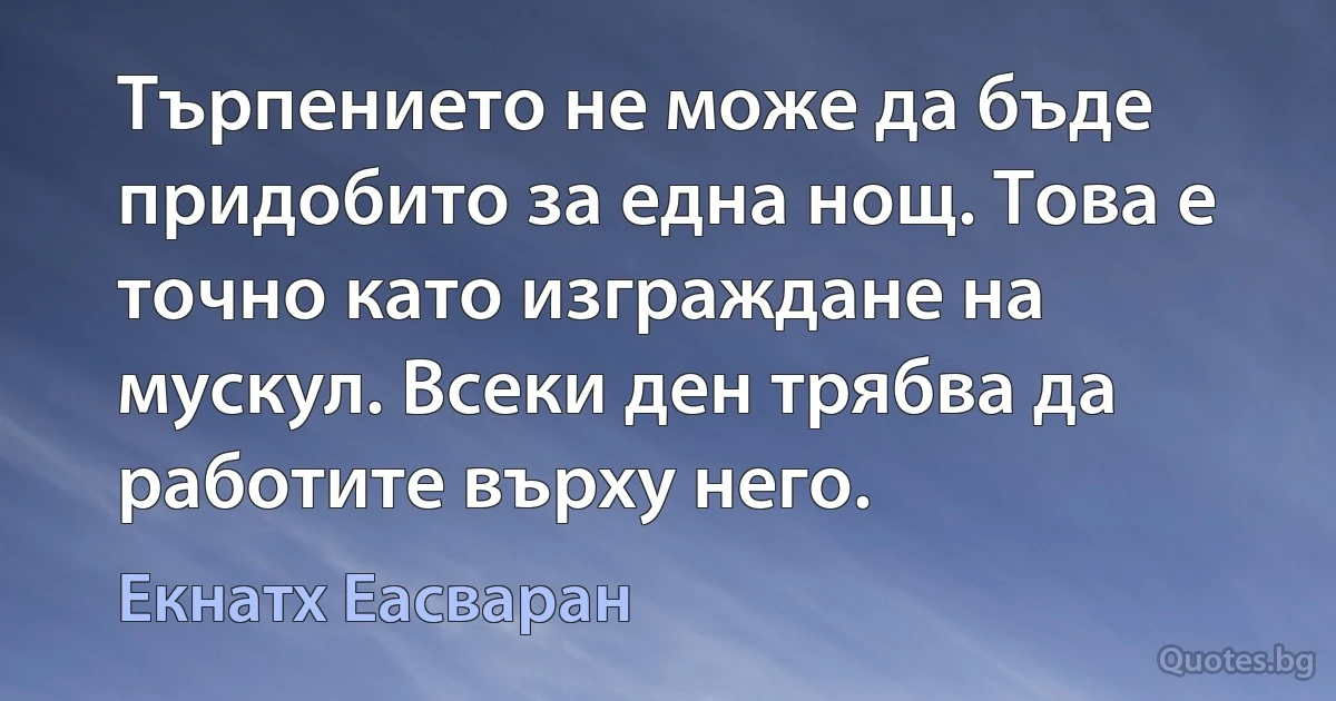 Търпението не може да бъде придобито за една нощ. Това е точно като изграждане на мускул. Всеки ден трябва да работите върху него. (Екнатх Еасваран)