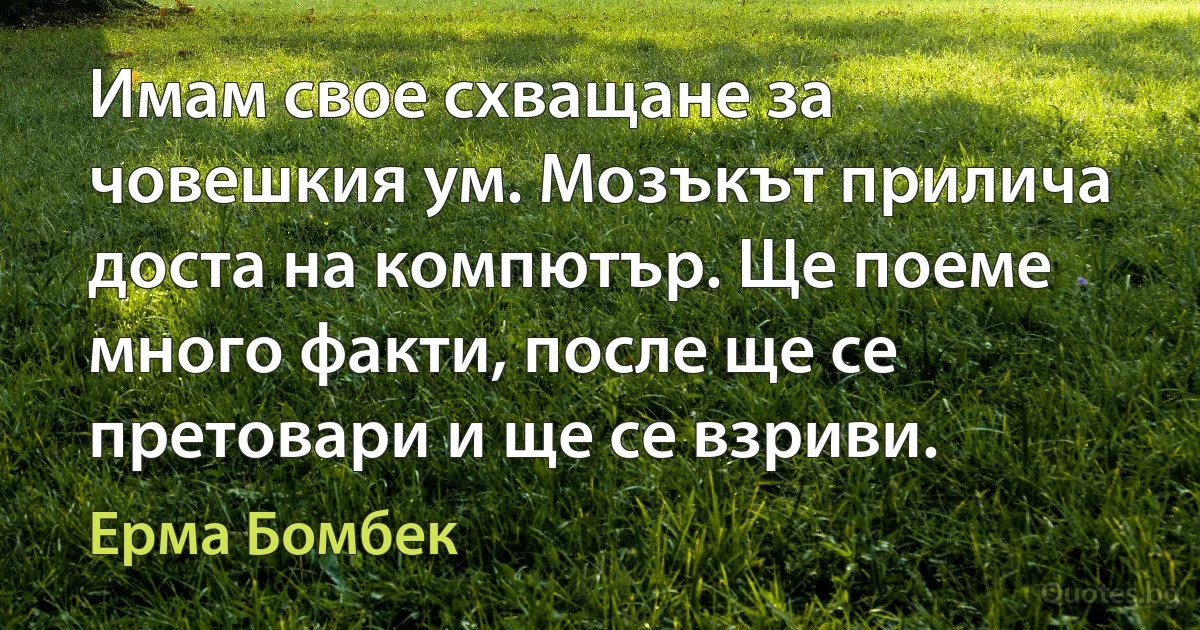 Имам свое схващане за човешкия ум. Мозъкът прилича доста на компютър. Ще поеме много факти, после ще се претовари и ще се взриви. (Ерма Бомбек)