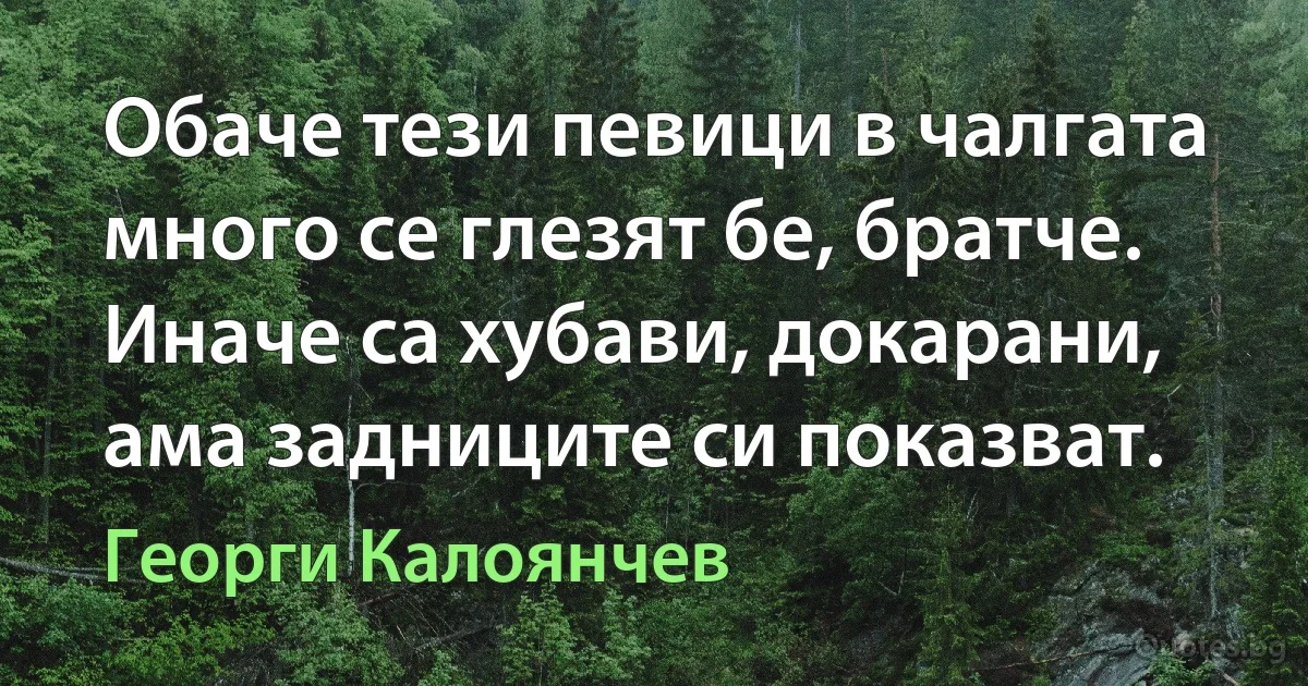 Обаче тези певици в чалгата много се глезят бе, братче. Иначе са хубави, докарани, ама задниците си показват. (Георги Калоянчев)