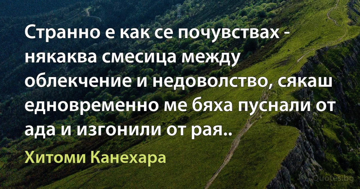 Странно е как се почувствах - някаква смесица между облекчение и недоволство, сякаш едновременно ме бяха пуснали от ада и изгонили от рая.. (Хитоми Канехара)