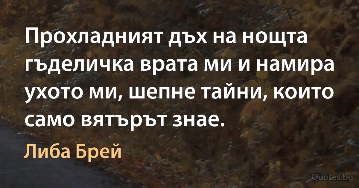 Прохладният дъх на нощта гъделичка врата ми и намира ухото ми, шепне тайни, които само вятърът знае. (Либа Брей)