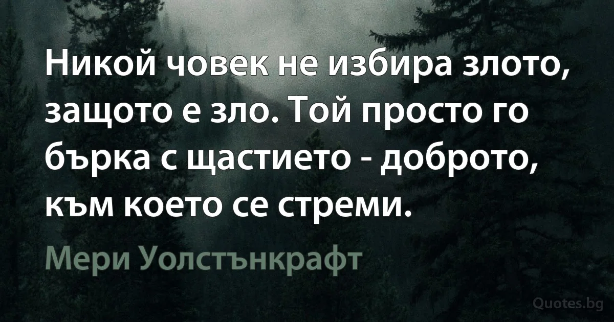 Никой човек не избира злото, защото е зло. Той просто го бърка с щастието - доброто, към което се стреми. (Мери Уолстънкрафт)