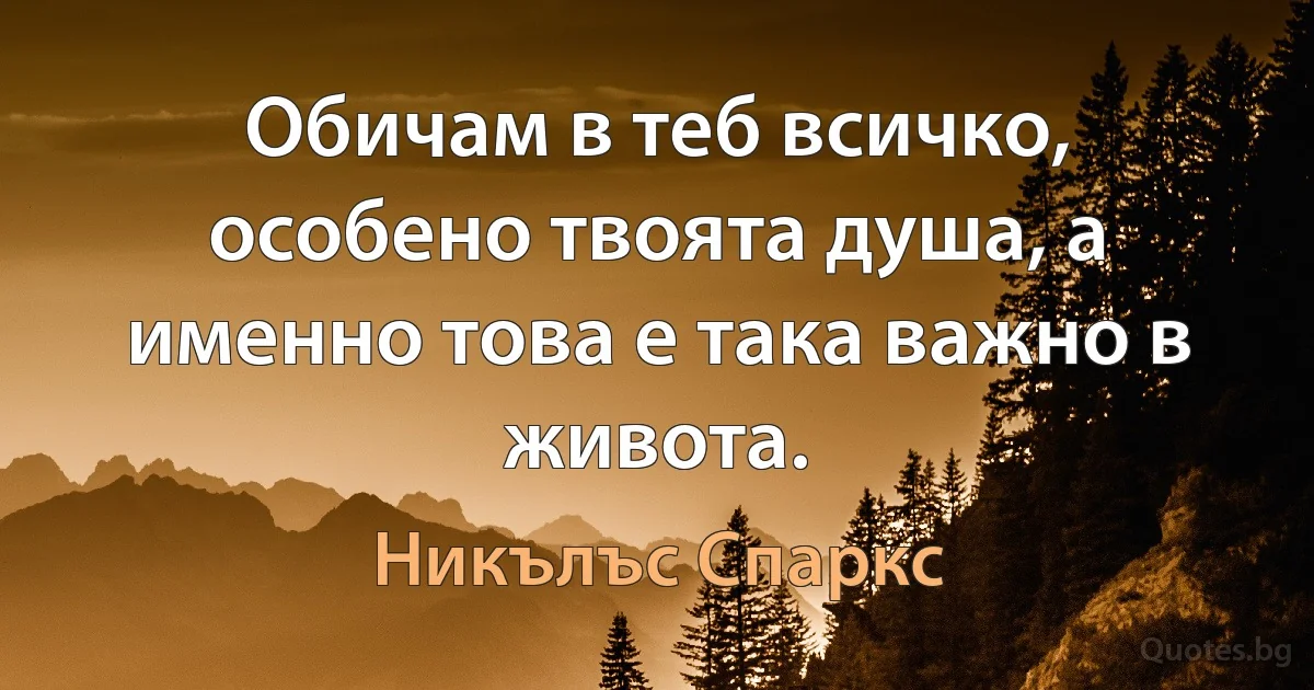 Обичам в теб всичко, особено твоята душа, а именно това е така важно в живота. (Никълъс Спаркс)