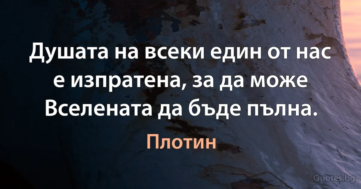 Душата на всеки един от нас е изпратена, за да може Вселената да бъде пълна. (Плотин)