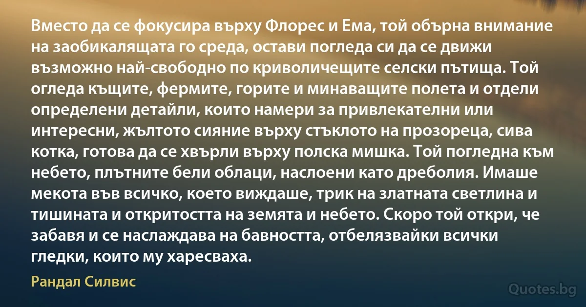 Вместо да се фокусира върху Флорес и Ема, той обърна внимание на заобикалящата го среда, остави погледа си да се движи възможно най-свободно по криволичещите селски пътища. Той огледа къщите, фермите, горите и минаващите полета и отдели определени детайли, които намери за привлекателни или интересни, жълтото сияние върху стъклото на прозореца, сива котка, готова да се хвърли върху полска мишка. Той погледна към небето, плътните бели облаци, наслоени като дреболия. Имаше мекота във всичко, което виждаше, трик на златната светлина и тишината и откритостта на земята и небето. Скоро той откри, че забавя и се наслаждава на бавността, отбелязвайки всички гледки, които му харесваха. (Рандал Силвис)