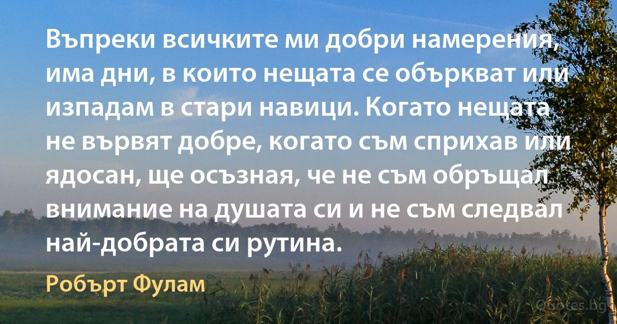 Въпреки всичките ми добри намерения, има дни, в които нещата се объркват или изпадам в стари навици. Когато нещата не вървят добре, когато съм сприхав или ядосан, ще осъзная, че не съм обръщал внимание на душата си и не съм следвал най-добрата си рутина. (Робърт Фулам)