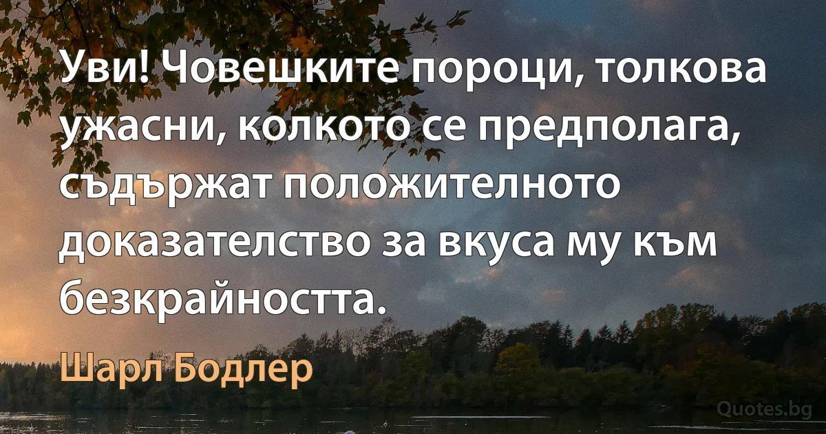 Уви! Човешките пороци, толкова ужасни, колкото се предполага, съдържат положителното доказателство за вкуса му към безкрайността. (Шарл Бодлер)