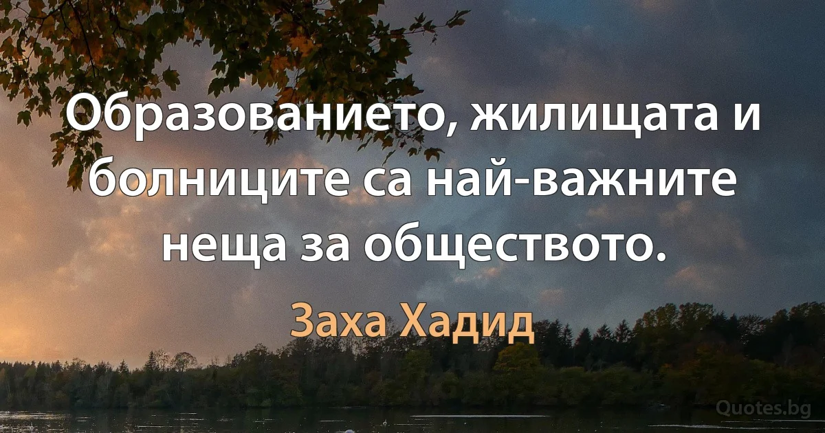 Образованието, жилищата и болниците са най-важните неща за обществото. (Заха Хадид)