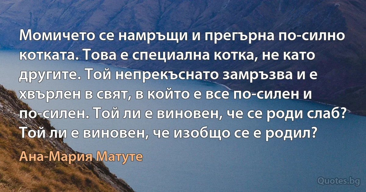 Момичето се намръщи и прегърна по-силно котката. Това е специална котка, не като другите. Той непрекъснато замръзва и е хвърлен в свят, в който е все по-силен и по-силен. Той ли е виновен, че се роди слаб? Той ли е виновен, че изобщо се е родил? (Ана-Мария Матуте)