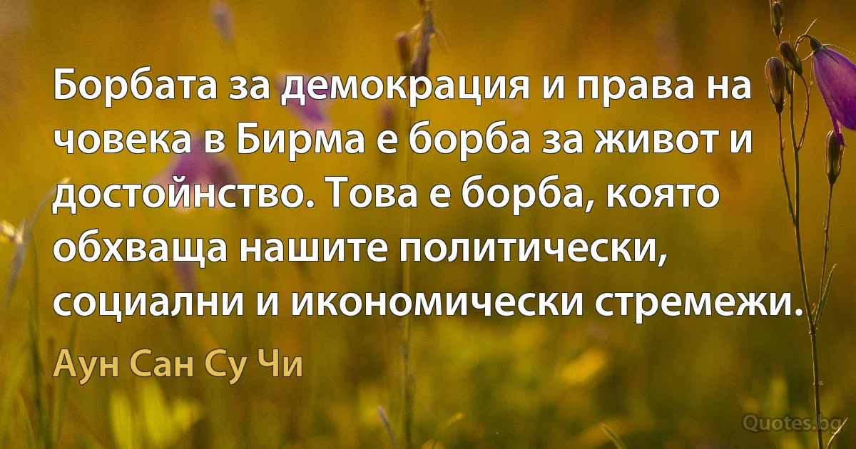 Борбата за демокрация и права на човека в Бирма е борба за живот и достойнство. Това е борба, която обхваща нашите политически, социални и икономически стремежи. (Аун Сан Су Чи)