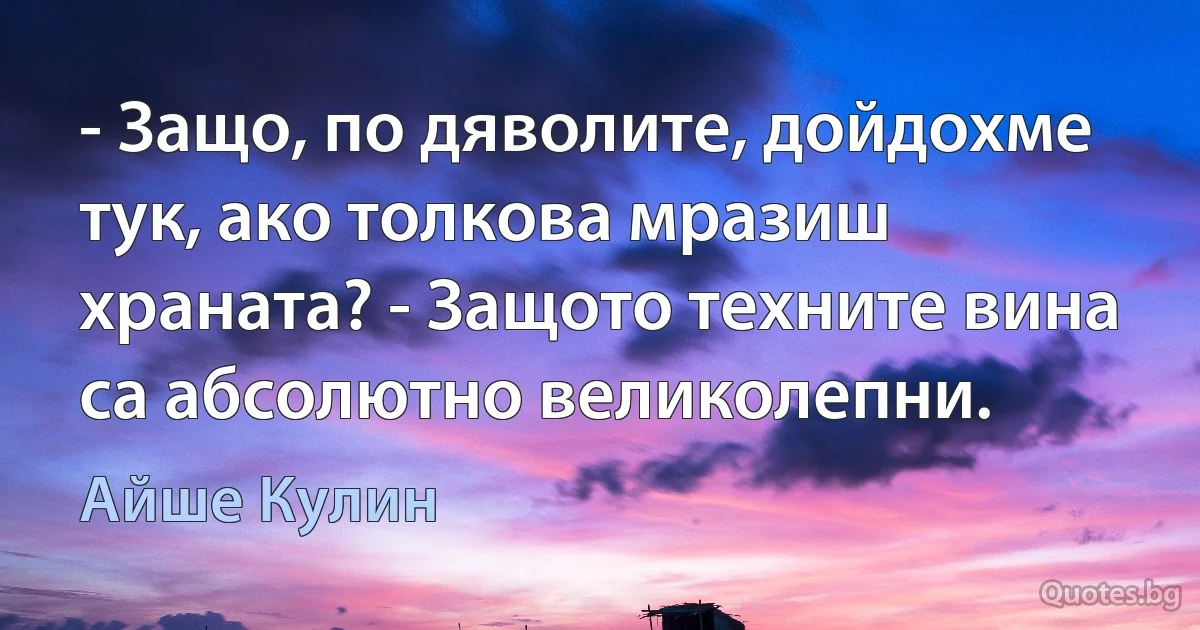 - Защо, по дяволите, дойдохме тук, ако толкова мразиш храната? - Защото техните вина са абсолютно великолепни. (Айше Кулин)