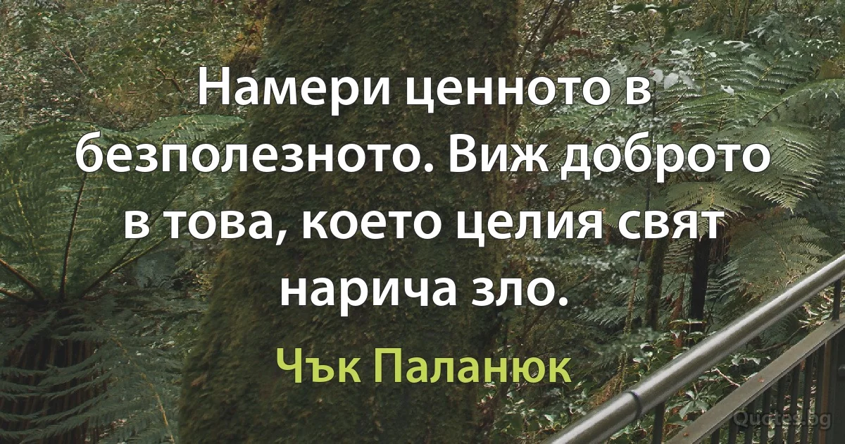 Намери ценното в безполезното. Виж доброто в това, което целия свят нарича зло. (Чък Паланюк)