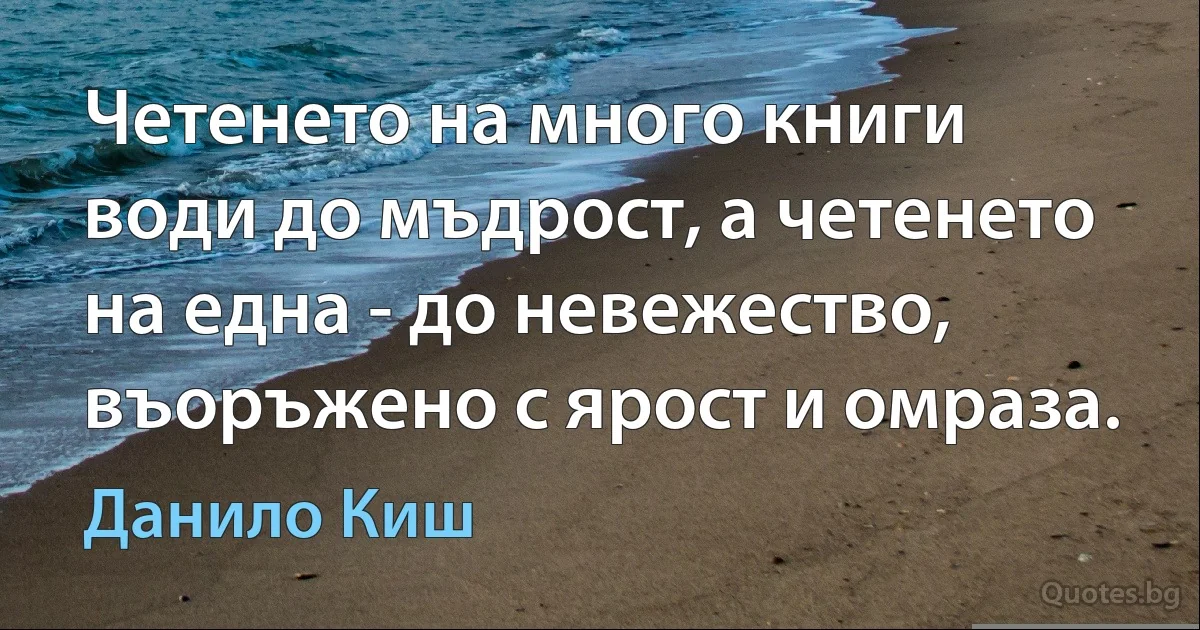 Четенето на много книги води до мъдрост, а четенето на една - до невежество, въоръжено с ярост и омраза. (Данило Киш)