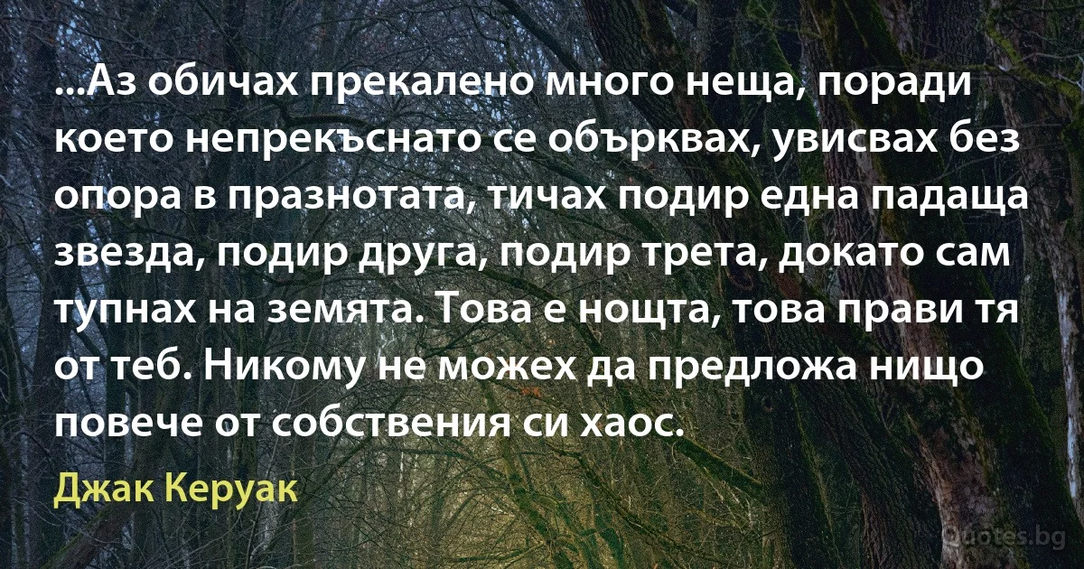 ...Аз обичах прекалено много неща, поради което непрекъснато се обърквах, увисвах без опора в празнотата, тичах подир една падаща звезда, подир друга, подир трета, докато сам тупнах на земята. Това е нощта, това прави тя от теб. Никому не можех да предложа нищо повече от собствения си хаос. (Джак Керуак)