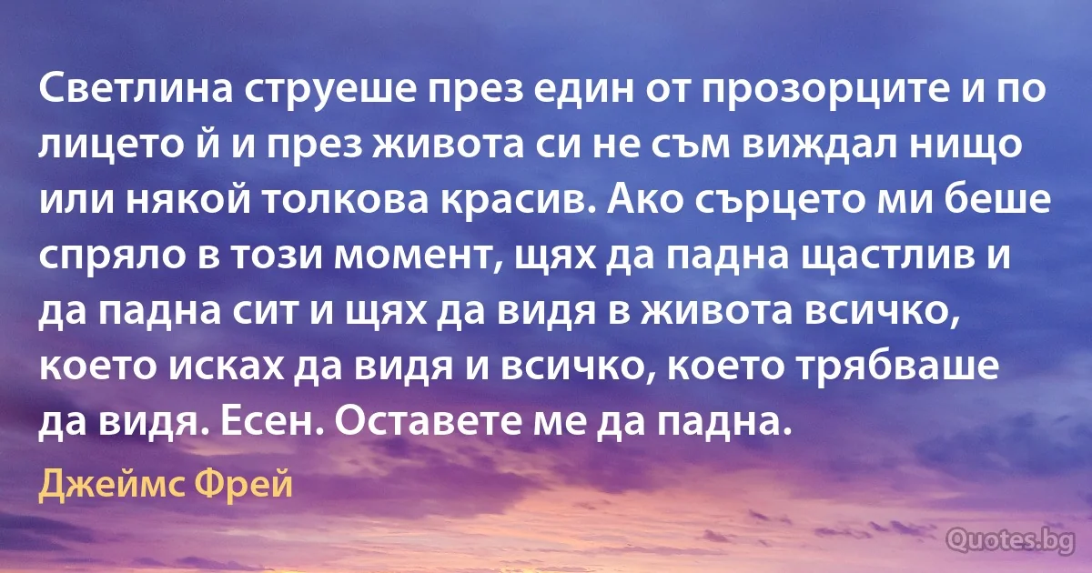 Светлина струеше през един от прозорците и по лицето й и през живота си не съм виждал нищо или някой толкова красив. Ако сърцето ми беше спряло в този момент, щях да падна щастлив и да падна сит и щях да видя в живота всичко, което исках да видя и всичко, което трябваше да видя. Есен. Оставете ме да падна. (Джеймс Фрей)