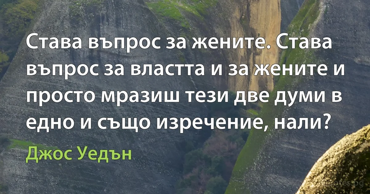 Става въпрос за жените. Става въпрос за властта и за жените и просто мразиш тези две думи в едно и също изречение, нали? (Джос Уедън)