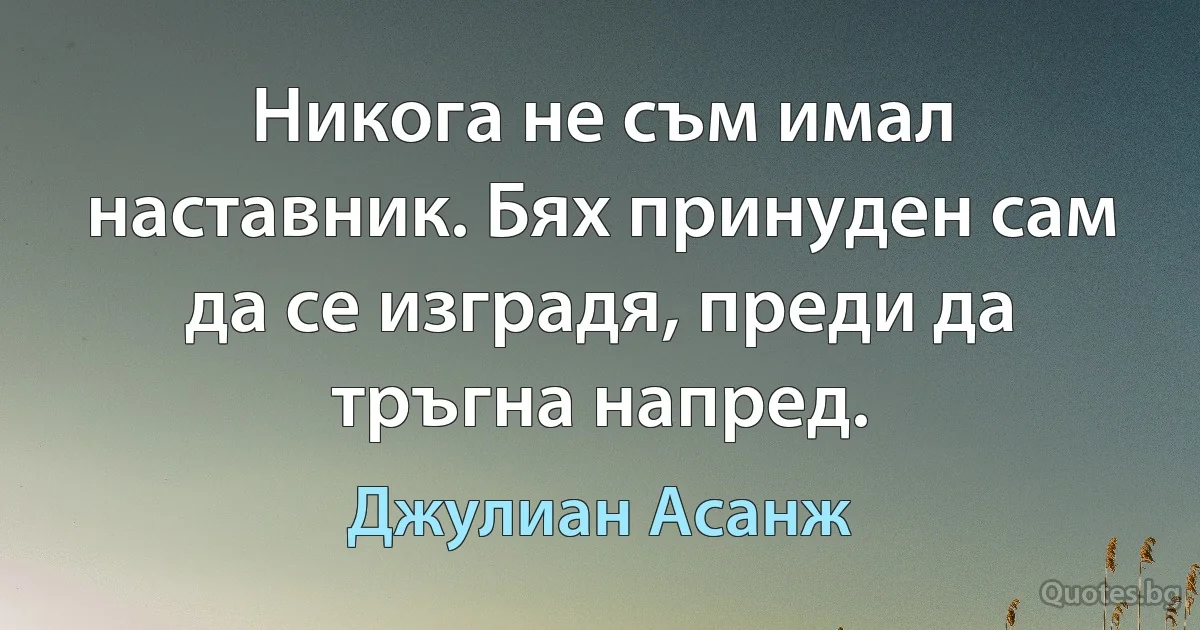 Никога не съм имал наставник. Бях принуден сам да се изградя, преди да тръгна напред. (Джулиан Асанж)