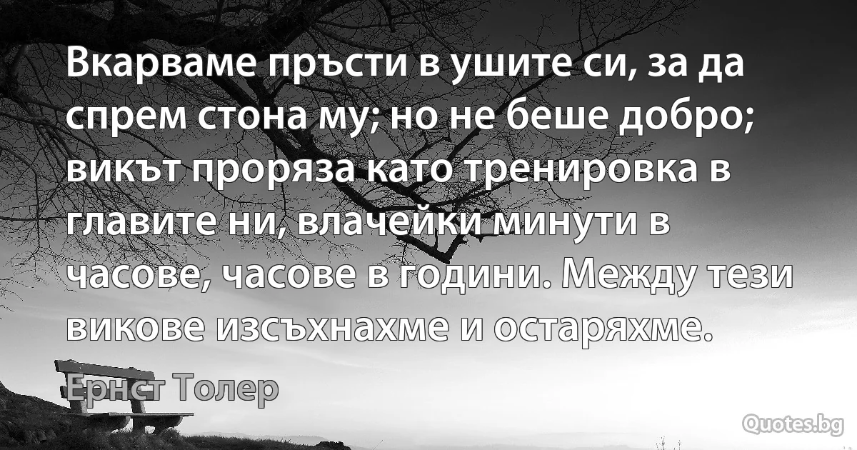 Вкарваме пръсти в ушите си, за да спрем стона му; но не беше добро; викът проряза като тренировка в главите ни, влачейки минути в часове, часове в години. Между тези викове изсъхнахме и остаряхме. (Ернст Толер)