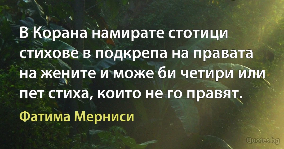 В Корана намирате стотици стихове в подкрепа на правата на жените и може би четири или пет стиха, които не го правят. (Фатима Мерниси)