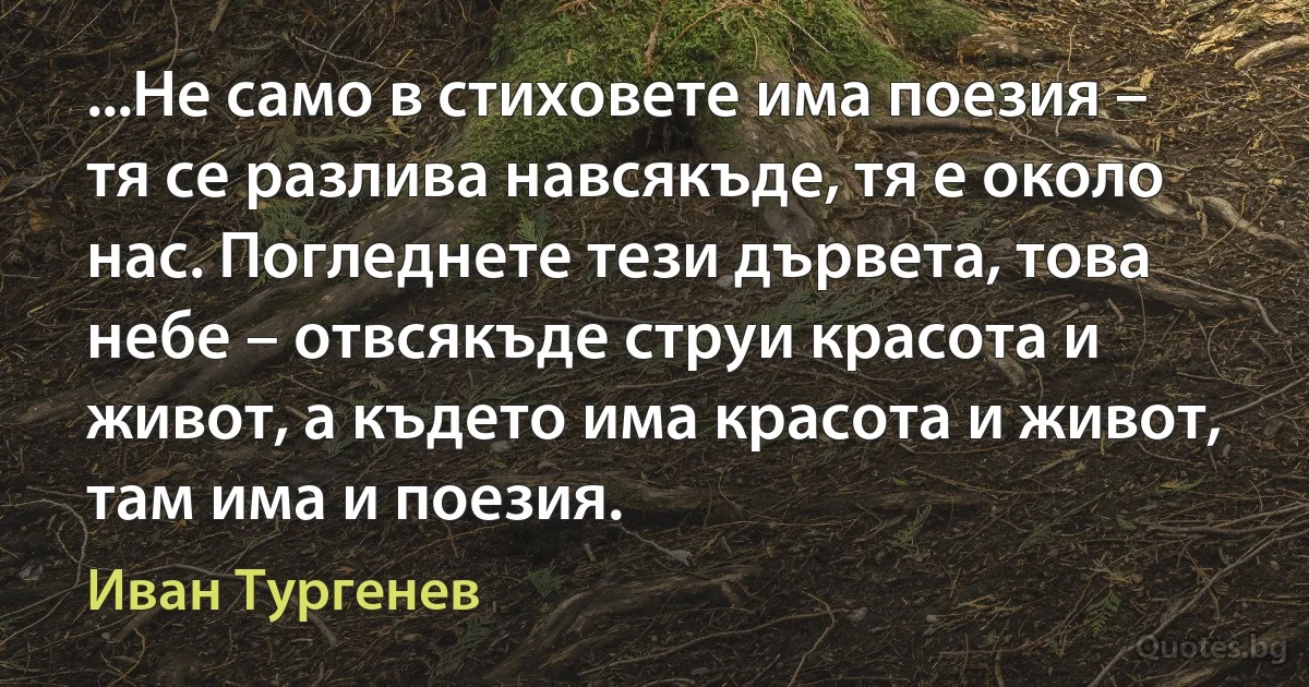 ...Не само в стиховете има поезия – тя се разлива навсякъде, тя е около нас. Погледнете тези дървета, това небе – отвсякъде струи красота и живот, а където има красота и живот, там има и поезия. (Иван Тургенев)