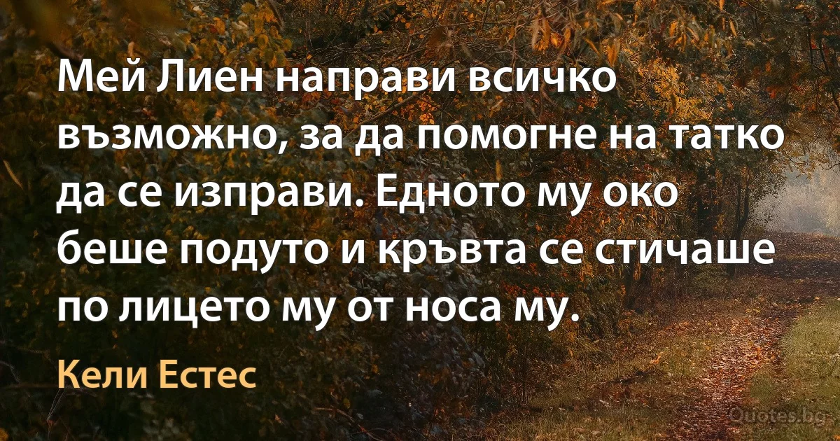 Мей Лиен направи всичко възможно, за да помогне на татко да се изправи. Едното му око беше подуто и кръвта се стичаше по лицето му от носа му. (Кели Естес)