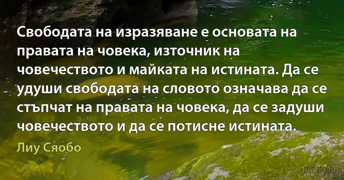 Свободата на изразяване е основата на правата на човека, източник на човечеството и майката на истината. Да се удуши свободата на словото означава да се стъпчат на правата на човека, да се задуши човечеството и да се потисне истината. (Лиу Сяобо)