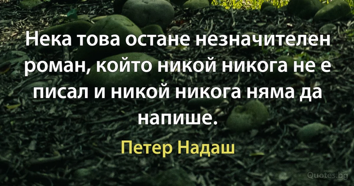 Нека това остане незначителен роман, който никой никога не е писал и никой никога няма да напише. (Петер Надаш)