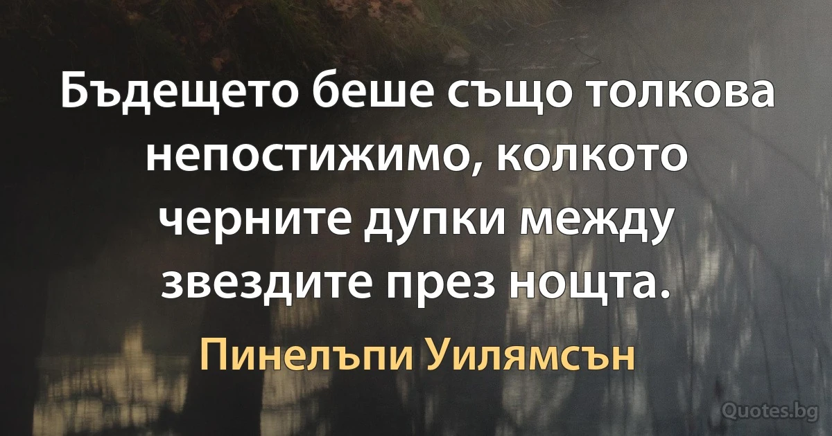 Бъдещето беше също толкова непостижимо, колкото черните дупки между звездите през нощта. (Пинелъпи Уилямсън)