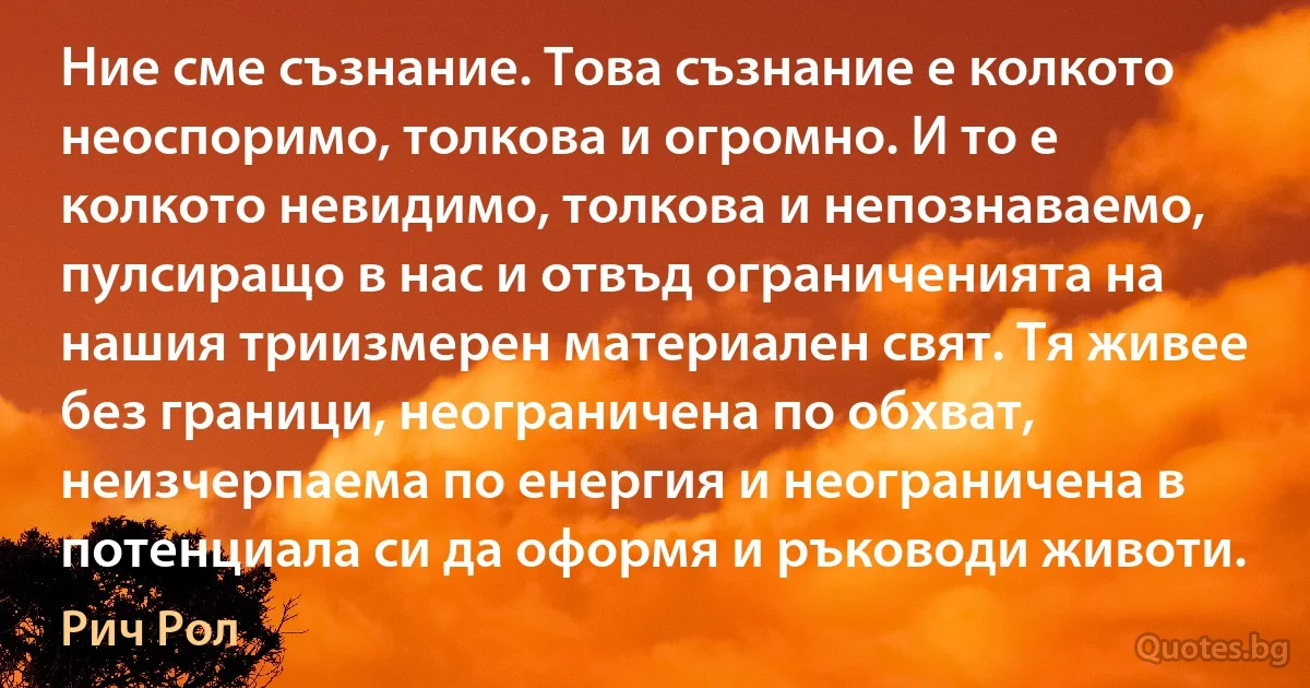 Ние сме съзнание. Това съзнание е колкото неоспоримо, толкова и огромно. И то е колкото невидимо, толкова и непознаваемо, пулсиращо в нас и отвъд ограниченията на нашия триизмерен материален свят. Тя живее без граници, неограничена по обхват, неизчерпаема по енергия и неограничена в потенциала си да оформя и ръководи животи. (Рич Рол)