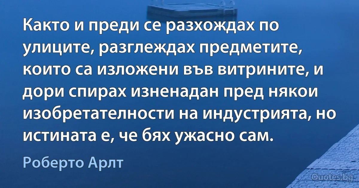 Както и преди се разхождах по улиците, разглеждах предметите, които са изложени във витрините, и дори спирах изненадан пред някои изобретателности на индустрията, но истината е, че бях ужасно сам. (Роберто Арлт)