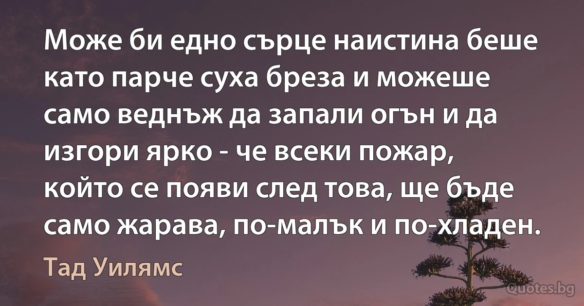 Може би едно сърце наистина беше като парче суха бреза и можеше само веднъж да запали огън и да изгори ярко - че всеки пожар, който се появи след това, ще бъде само жарава, по-малък и по-хладен. (Тад Уилямс)