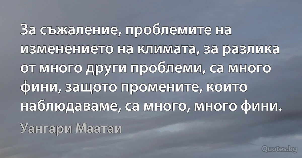 За съжаление, проблемите на изменението на климата, за разлика от много други проблеми, са много фини, защото промените, които наблюдаваме, са много, много фини. (Уангари Маатаи)