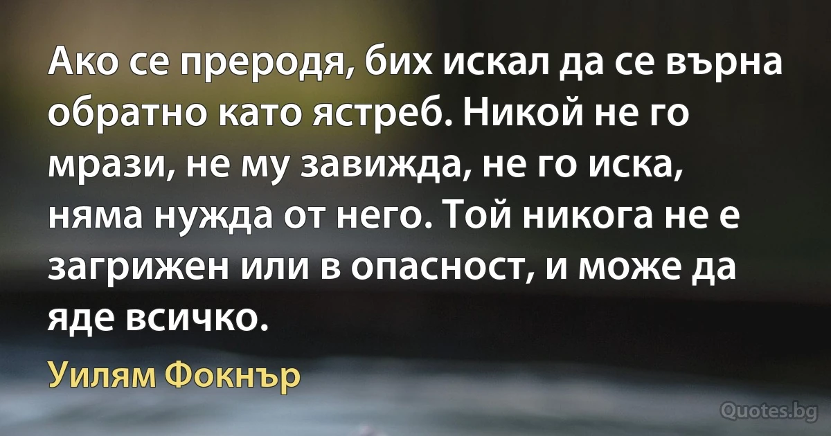 Ако се преродя, бих искал да се върна обратно като ястреб. Никой не го мрази, не му завижда, не го иска, няма нужда от него. Той никога не е загрижен или в опасност, и може да яде всичко. (Уилям Фокнър)