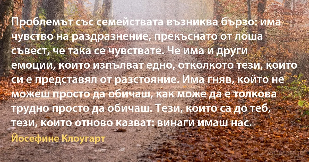 Проблемът със семействата възниква бързо: има чувство на раздразнение, прекъснато от лоша съвест, че така се чувствате. Че има и други емоции, които изпълват едно, отколкото тези, които си е представял от разстояние. Има гняв, който не можеш просто да обичаш, как може да е толкова трудно просто да обичаш. Тези, които са до теб, тези, които отново казват: винаги имаш нас. (Йосефине Клоугарт)