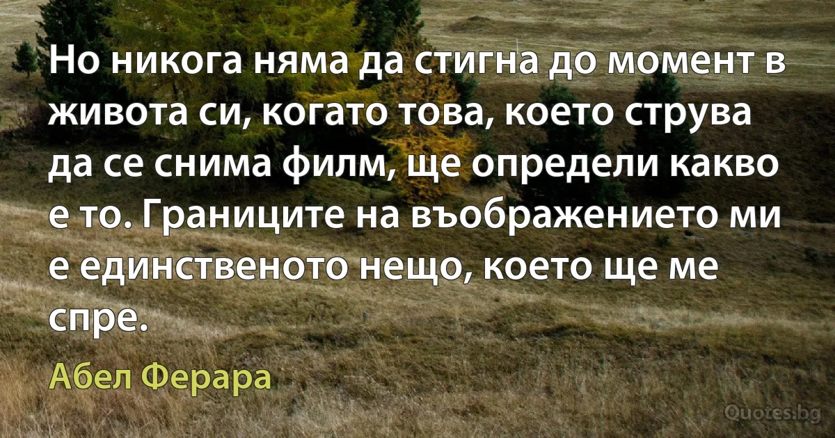 Но никога няма да стигна до момент в живота си, когато това, което струва да се снима филм, ще определи какво е то. Границите на въображението ми е единственото нещо, което ще ме спре. (Абел Ферара)