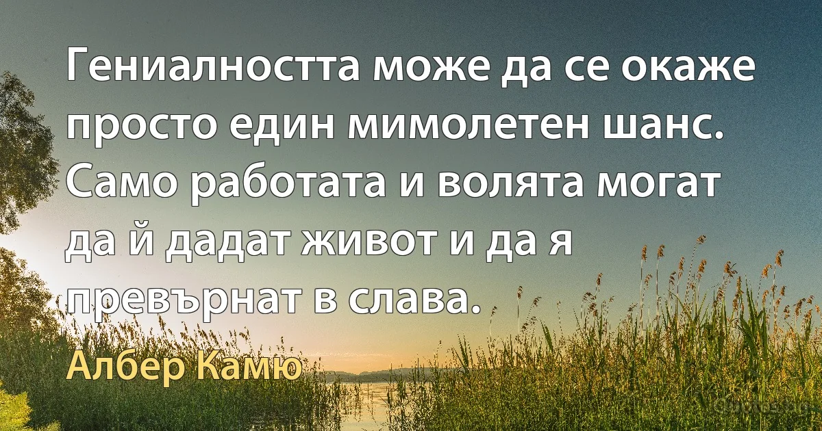 Гениалността може да се окаже просто един мимолетен шанс. Само работата и волята могат да й дадат живот и да я превърнат в слава. (Албер Камю)