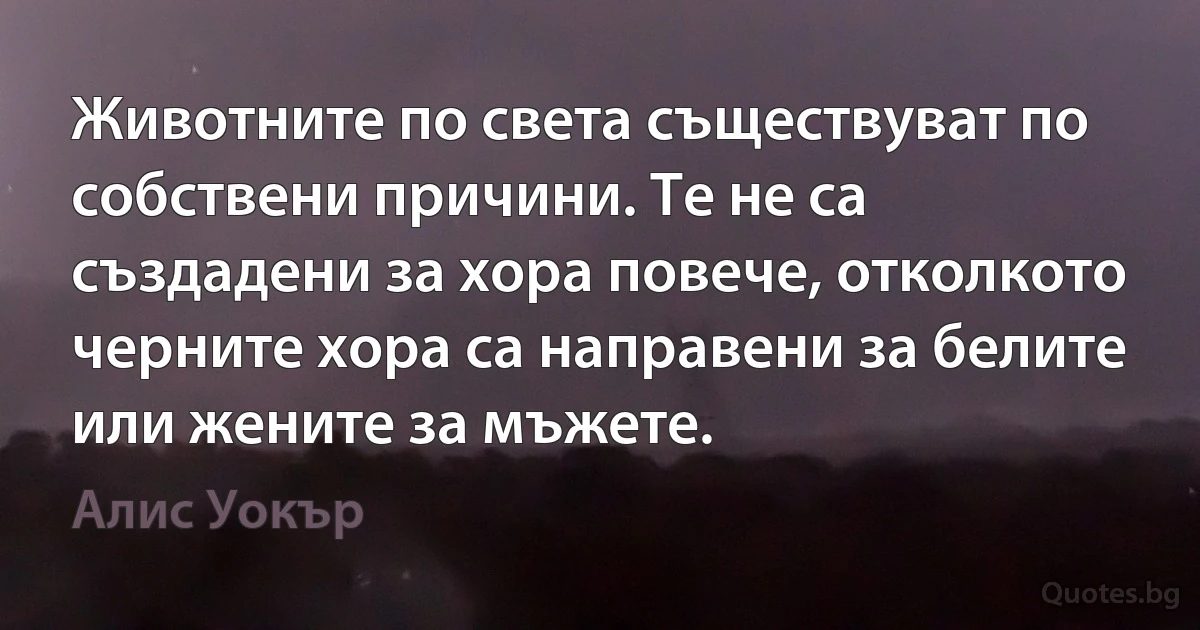 Животните по света съществуват по собствени причини. Те не са създадени за хора повече, отколкото черните хора са направени за белите или жените за мъжете. (Алис Уокър)