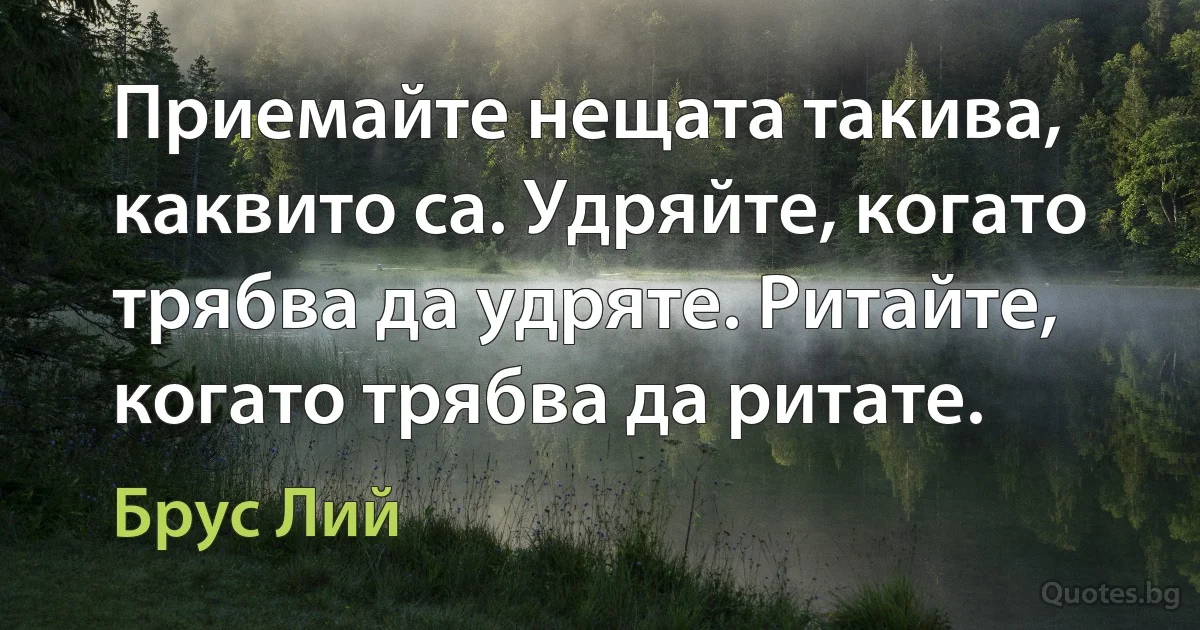 Приемайте нещата такива, каквито са. Удряйте, когато трябва да удряте. Ритайте, когато трябва да ритате. (Брус Лий)