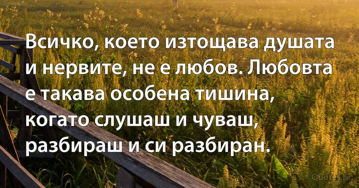 Всичко, което изтощава душата и нервите, не е любов. Любовта е такава особена тишина, когато слушаш и чуваш, разбираш и си разбиран. (INZ BG)
