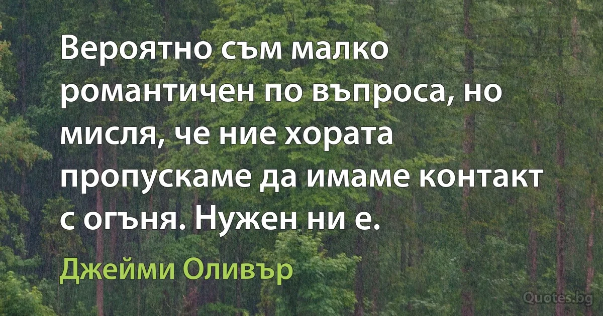 Вероятно съм малко романтичен по въпроса, но мисля, че ние хората пропускаме да имаме контакт с огъня. Нужен ни е. (Джейми Оливър)