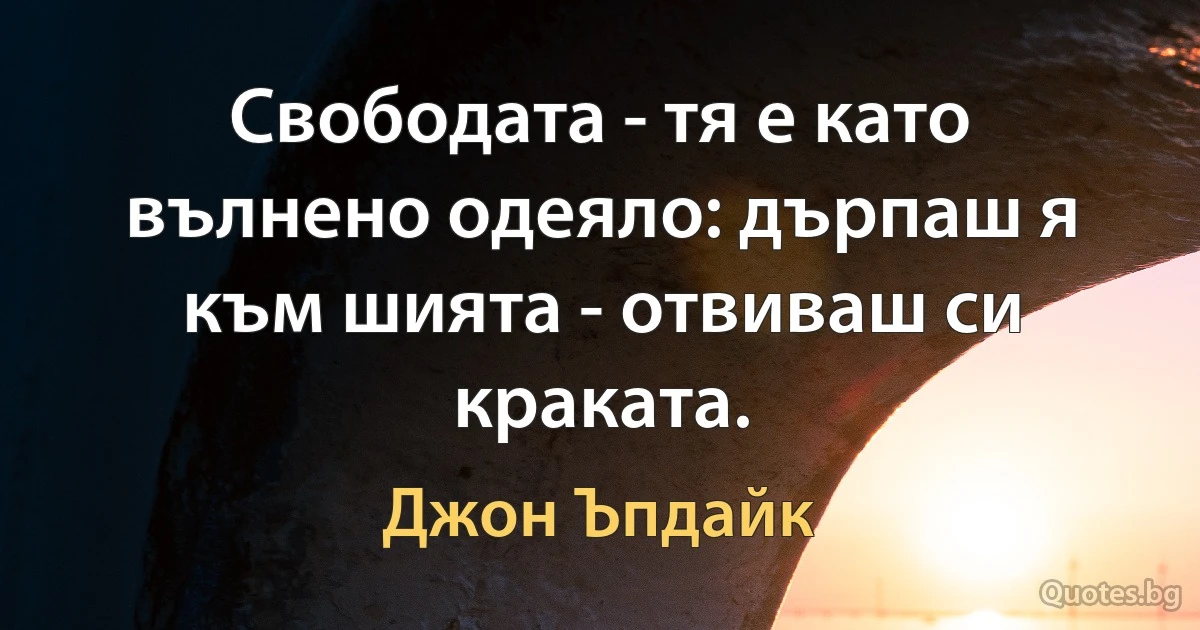 Свободата - тя е като вълнено одеяло: дърпаш я към шията - отвиваш си краката. (Джон Ъпдайк)