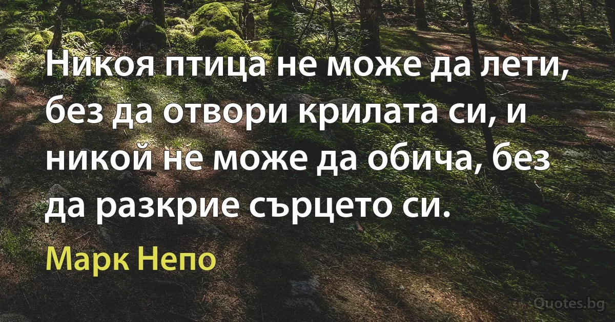 Никоя птица не може да лети, без да отвори крилата си, и никой не може да обича, без да разкрие сърцето си. (Марк Непо)