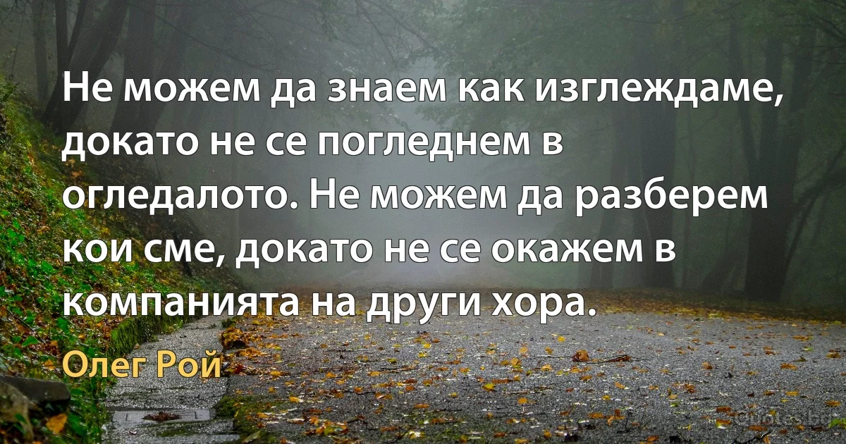 Не можем да знаем как изглеждаме, докато не се погледнем в огледалото. Не можем да разберем кои сме, докато не се окажем в компанията на други хора. (Олег Рой)