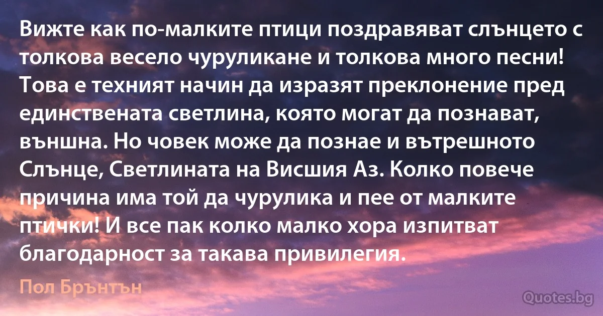 Вижте как по-малките птици поздравяват слънцето с толкова весело чуруликане и толкова много песни! Това е техният начин да изразят преклонение пред единствената светлина, която могат да познават, външна. Но човек може да познае и вътрешното Слънце, Светлината на Висшия Аз. Колко повече причина има той да чурулика и пее от малките птички! И все пак колко малко хора изпитват благодарност за такава привилегия. (Пол Брънтън)