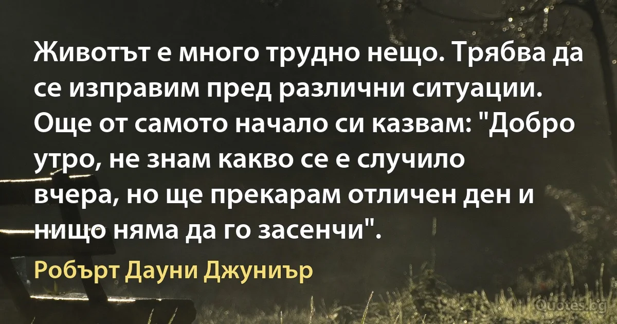 Животът е много трудно нещо. Трябва да се изправим пред различни ситуации. Още от самото начало си казвам: "Добро утро, не знам какво се е случило вчера, но ще прекарам отличен ден и нищо няма да го засенчи". (Робърт Дауни Джуниър)