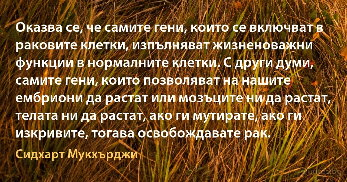 Оказва се, че самите гени, които се включват в раковите клетки, изпълняват жизненоважни функции в нормалните клетки. С други думи, самите гени, които позволяват на нашите ембриони да растат или мозъците ни да растат, телата ни да растат, ако ги мутирате, ако ги изкривите, тогава освобождавате рак. (Сидхарт Мукхърджи)