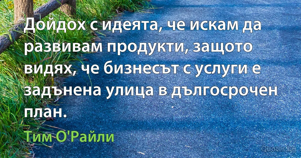 Дойдох с идеята, че искам да развивам продукти, защото видях, че бизнесът с услуги е задънена улица в дългосрочен план. (Тим О'Райли)