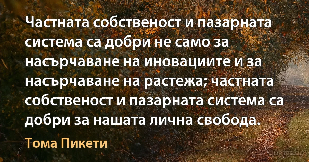 Частната собственост и пазарната система са добри не само за насърчаване на иновациите и за насърчаване на растежа; частната собственост и пазарната система са добри за нашата лична свобода. (Тома Пикети)